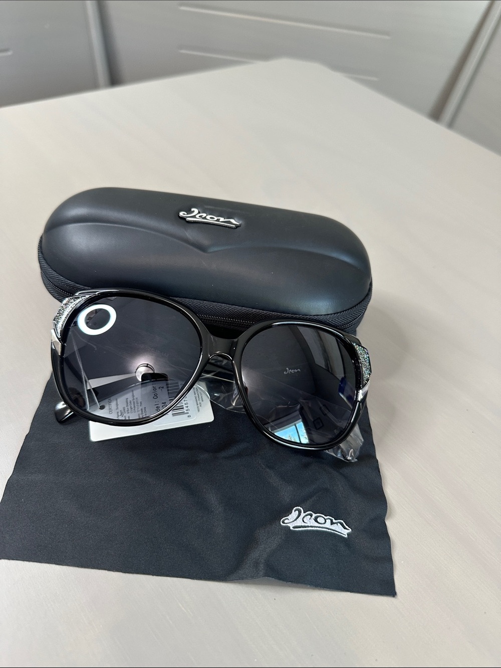 ICON Black Oversized Round Women’s Sunglasses with Sparkle Temples